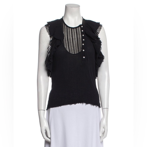 Philosophy di Lorenzo Serafini Black Cotton Gauze Ruffle Lace Pearl Button Top 2 - Picture 1 of 12